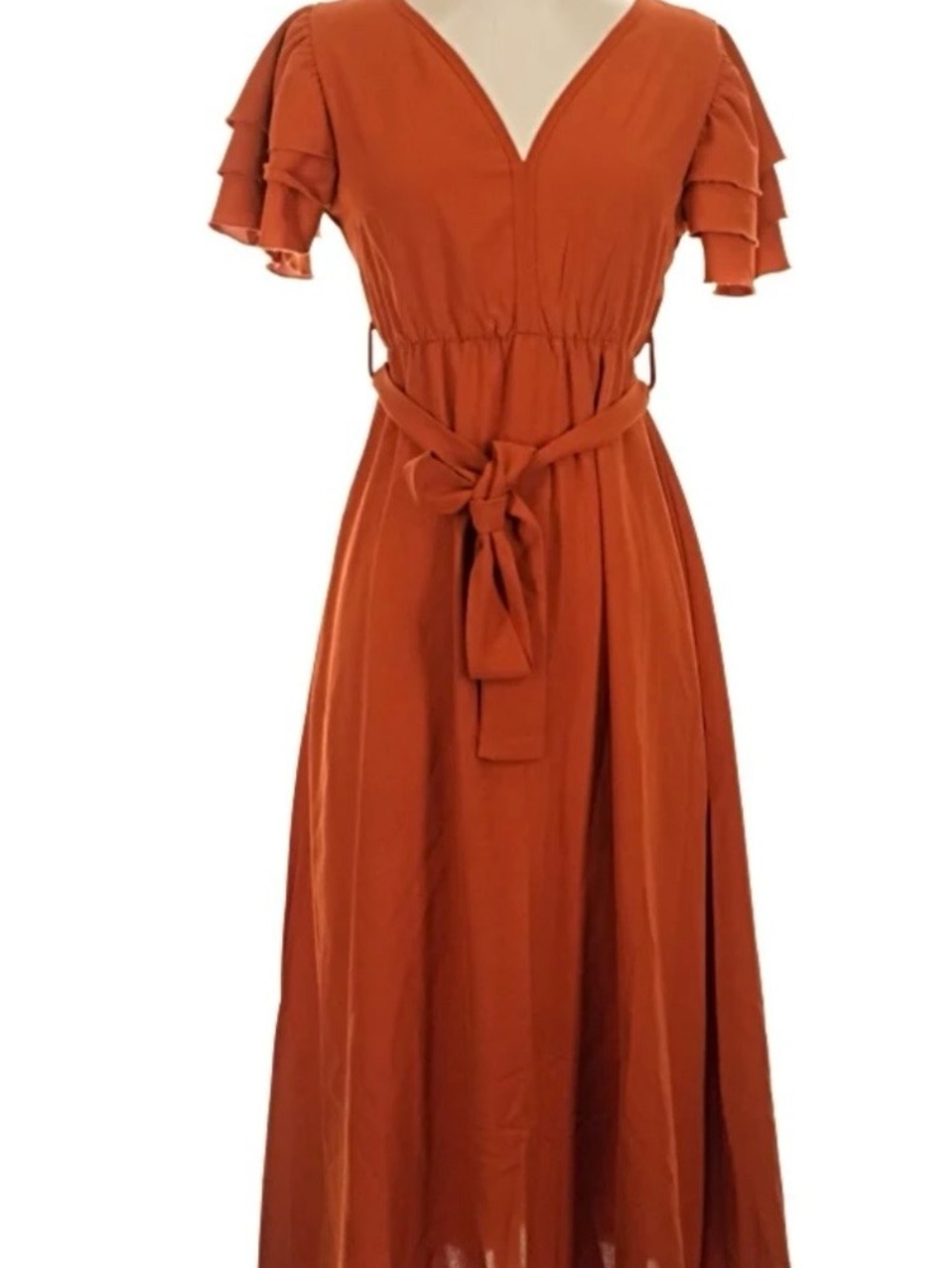 SHEIN Rust Orange V-Neck Midi Dress with Tiered Flutter Sleeves